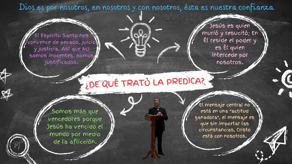 Muestra al centro el predicador, un pulpito de madera de pedestal, cuatro nubes de colores naranja Rosa, lila y amarillo, en su interior los cuatro puntos de la predicaci&oacute;n m&aacute;s que vencedores.