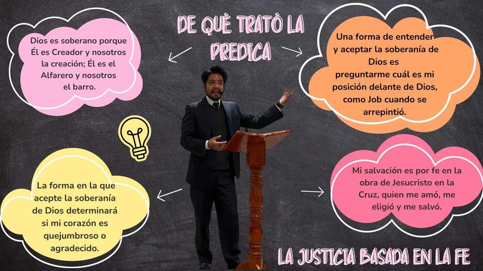 Muestra al centro el predicador, un pulpito de madera de pedestal, cuatro nubes de colores naranja Rosa, lila y amarillo, en su interior los cuatro puntos de la predicaci&oacute;n sobre La justicia basada en la fe