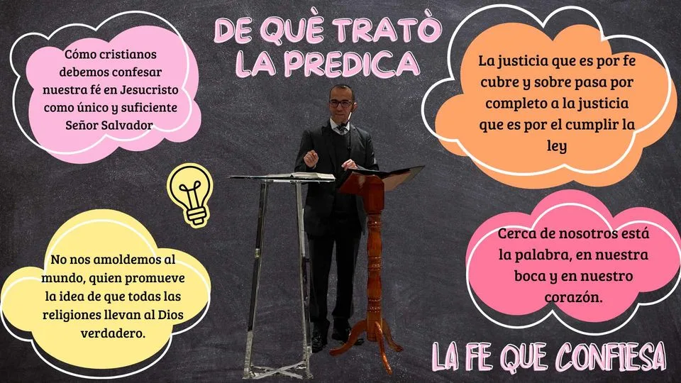 Muestra al centro el predicador, un pulpito de madera de pedestal, cuatro nubes de colores naranja Rosa, lila y amarillo, en su interior los cuatro puntos de la predicaci&oacute;n sobre La fe que confiesa